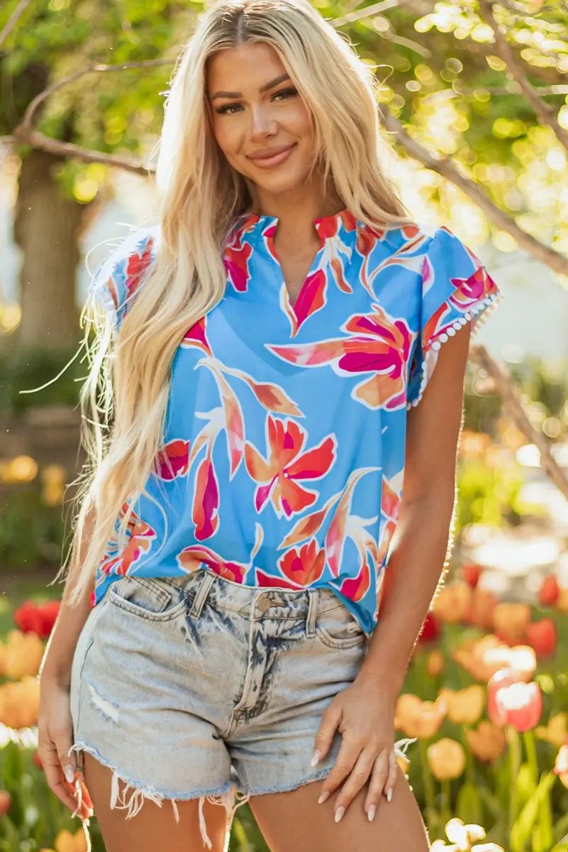 Sky Blue Floral Print V Neck Pompom Trim Flutter Sleeve Blouse - Love Salve